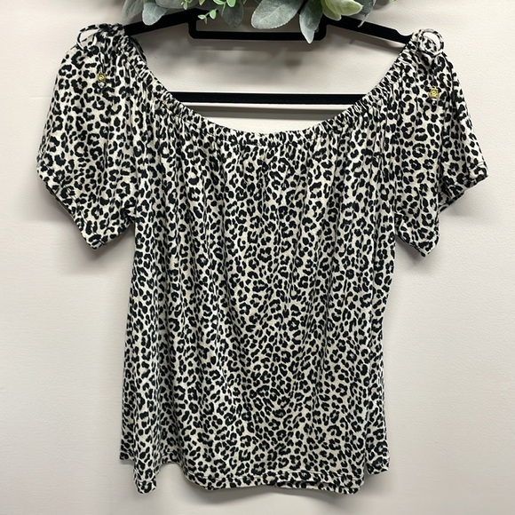 NWOT MICHAEL Michael Kors Short Sleeve Off The Shoulder Leopard Print Blouse L - Picture 3 of 13